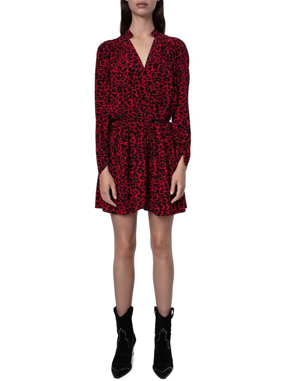 Zadig & Voltaire Reveal Leo Long Sleeve Leopard Print Mini Dress Red Black Large